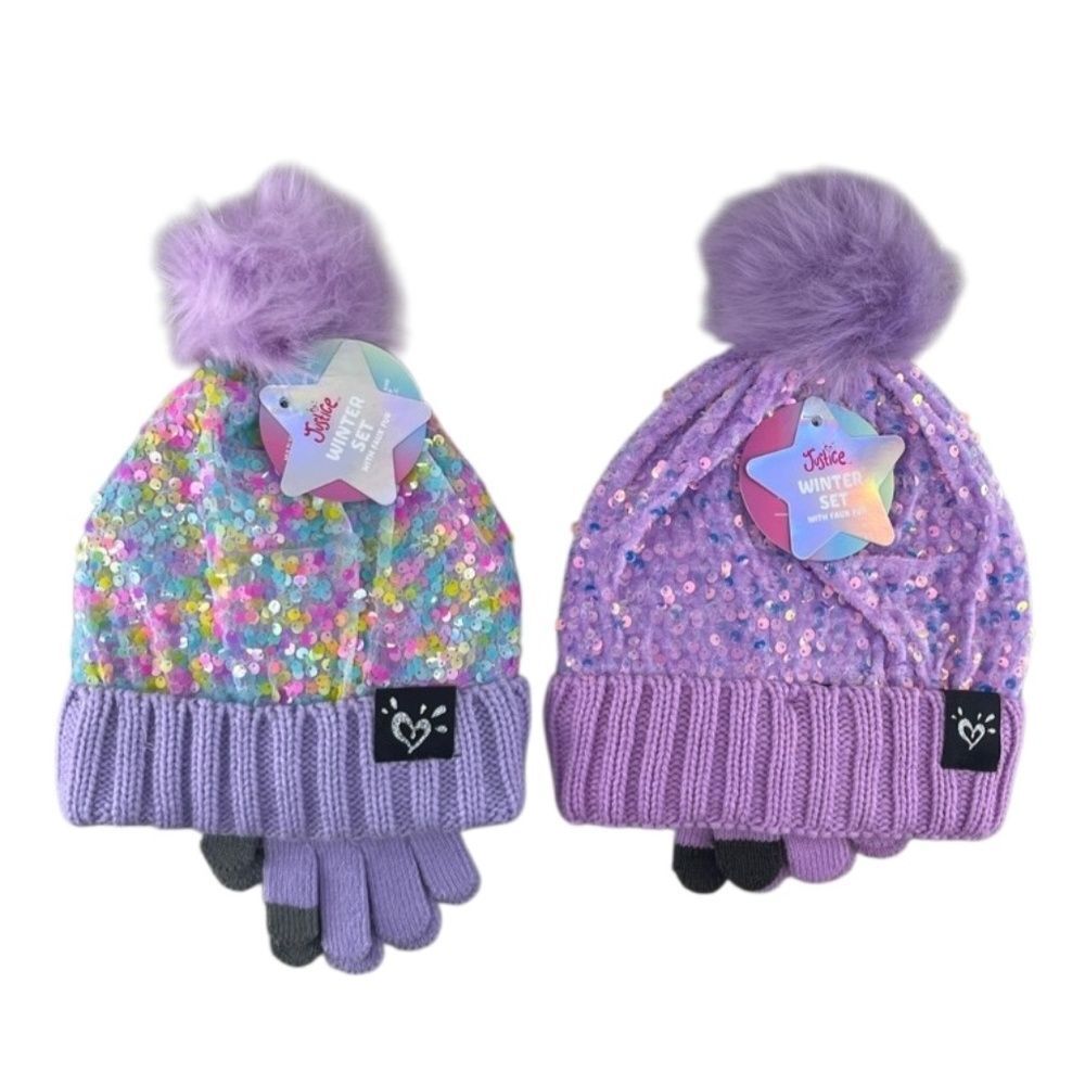 Girls Justice Sequin Cable Knit Hat and Gloves Set Pink 2-Pack